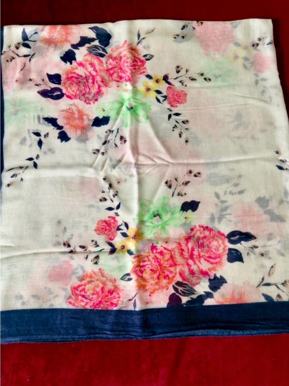 Floral Print Women's Scarf - Navy Trim